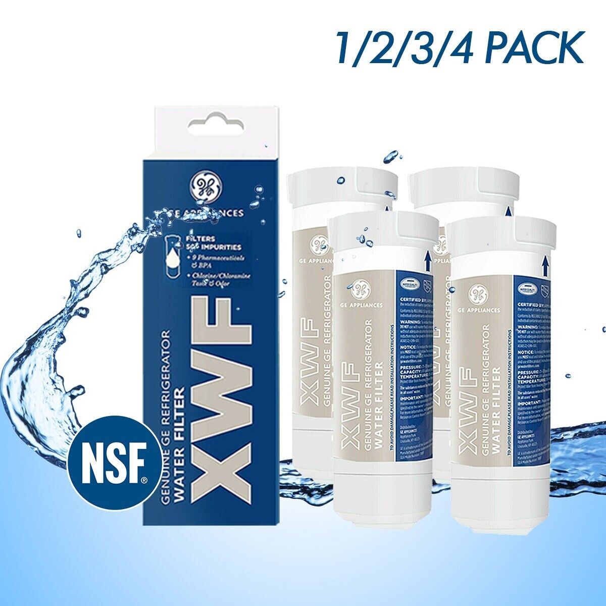 XWF (Not XWFE, NO Chips), Refrigerator Water Filter Compatible with GE XWF, GBE21, GDE21, GDE25, GFE24, NSF/ANSI 42&372 Certified, 6 Month / 300 Gallon 1 pack, 2 pack, 3 pack, 4 pack